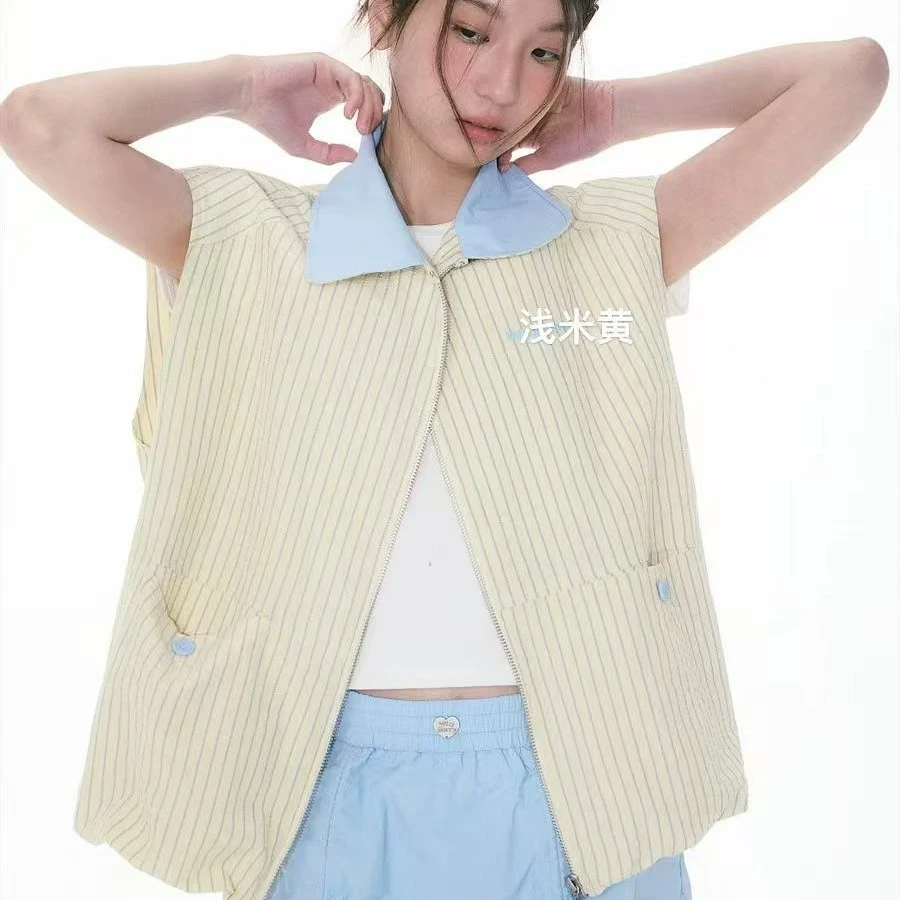 小雅姐姐 简约撞色翻领竖条纹花苞无袖马甲IQ56