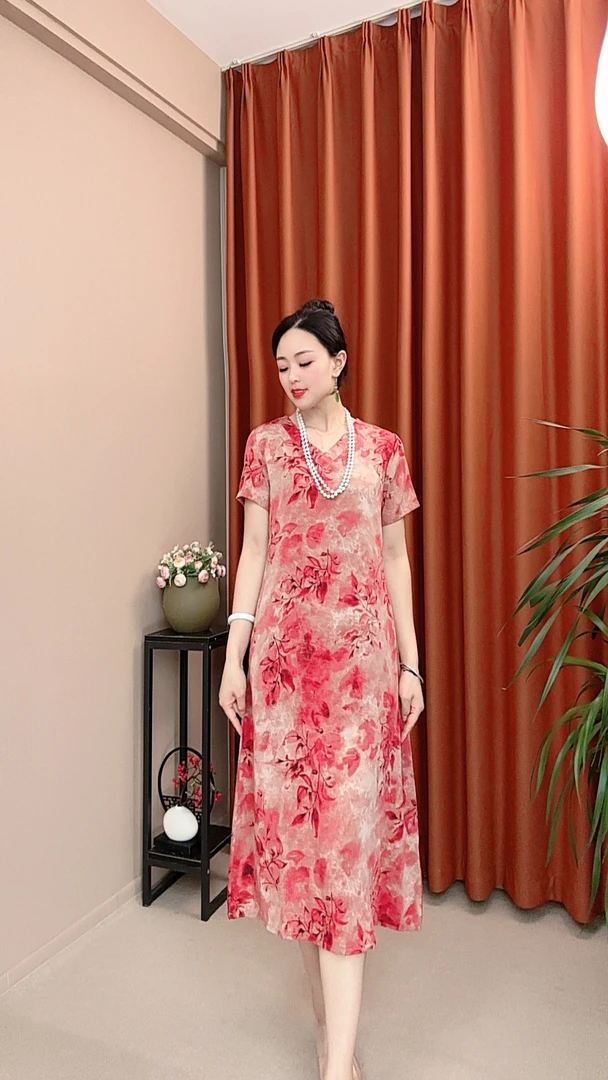 云柔YJ20777 夏季定制中长款气质遮肉减龄碎花连衣裙