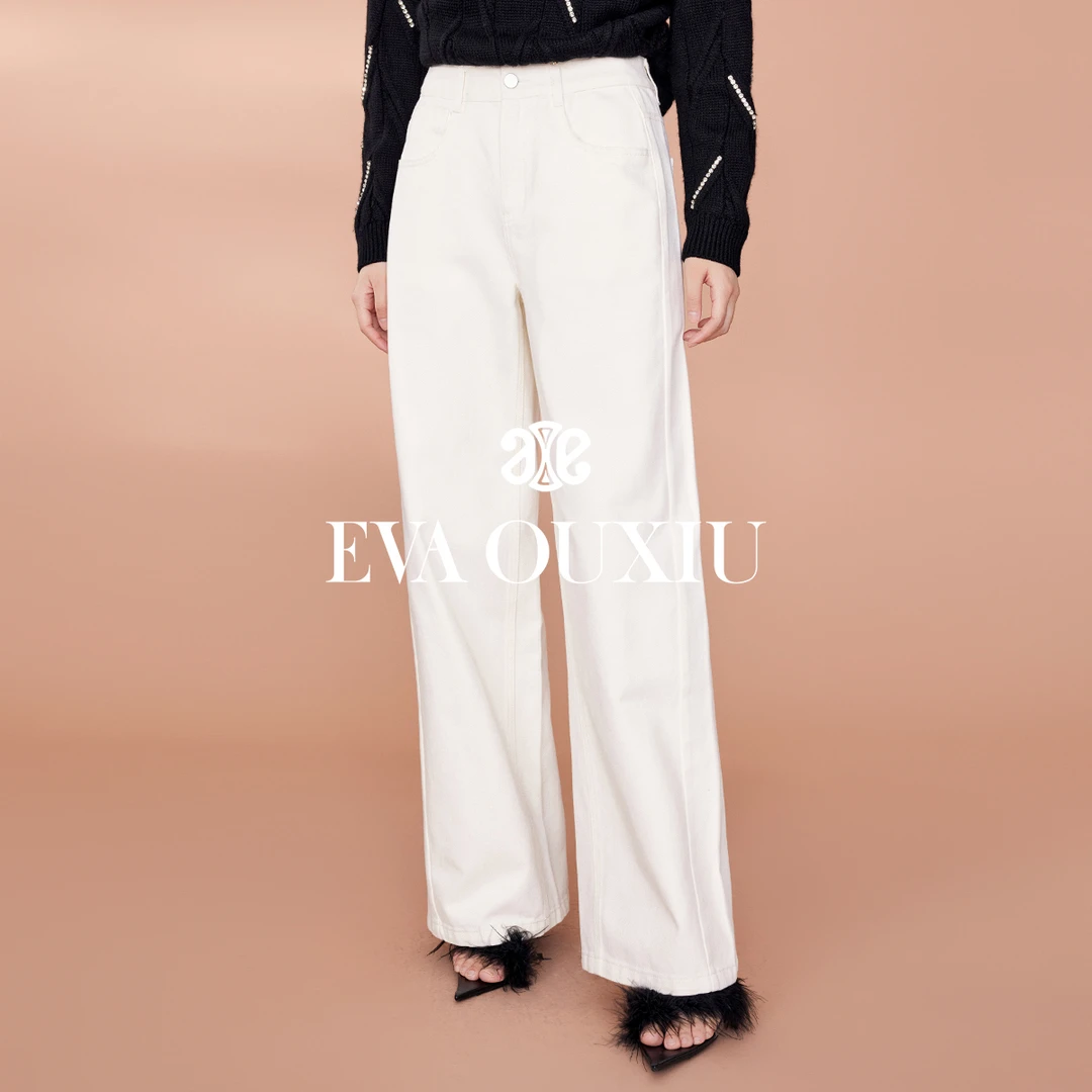 【力力淘】EVA OUXIU/伊华欧秀白色阔腿牛仔裤45DNK5513