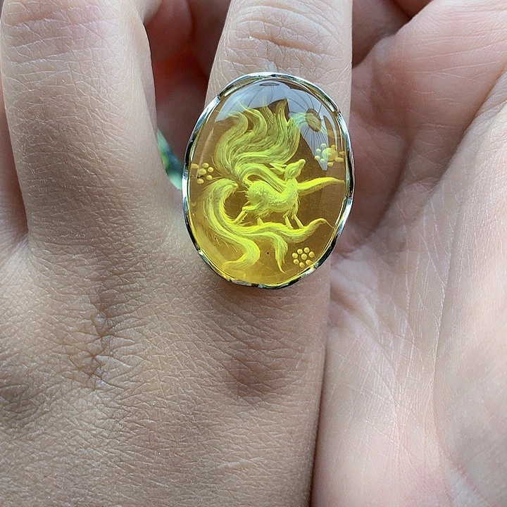 琥珀裸石银S925镶嵌戒指