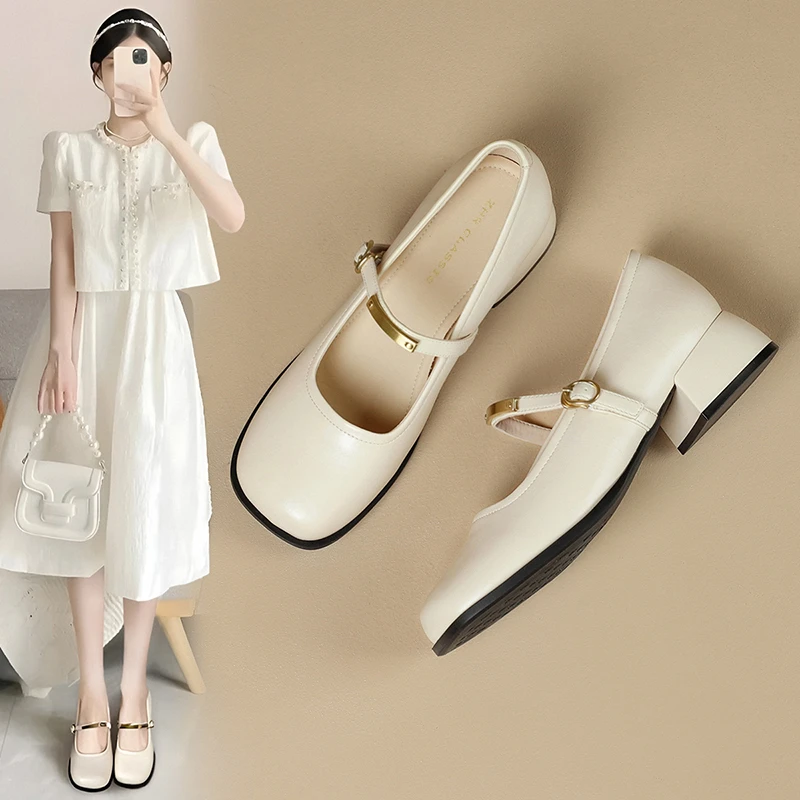 ZHR夏季新品复古单鞋女鞋法式玛丽珍鞋米色一字夏日穿搭文艺风