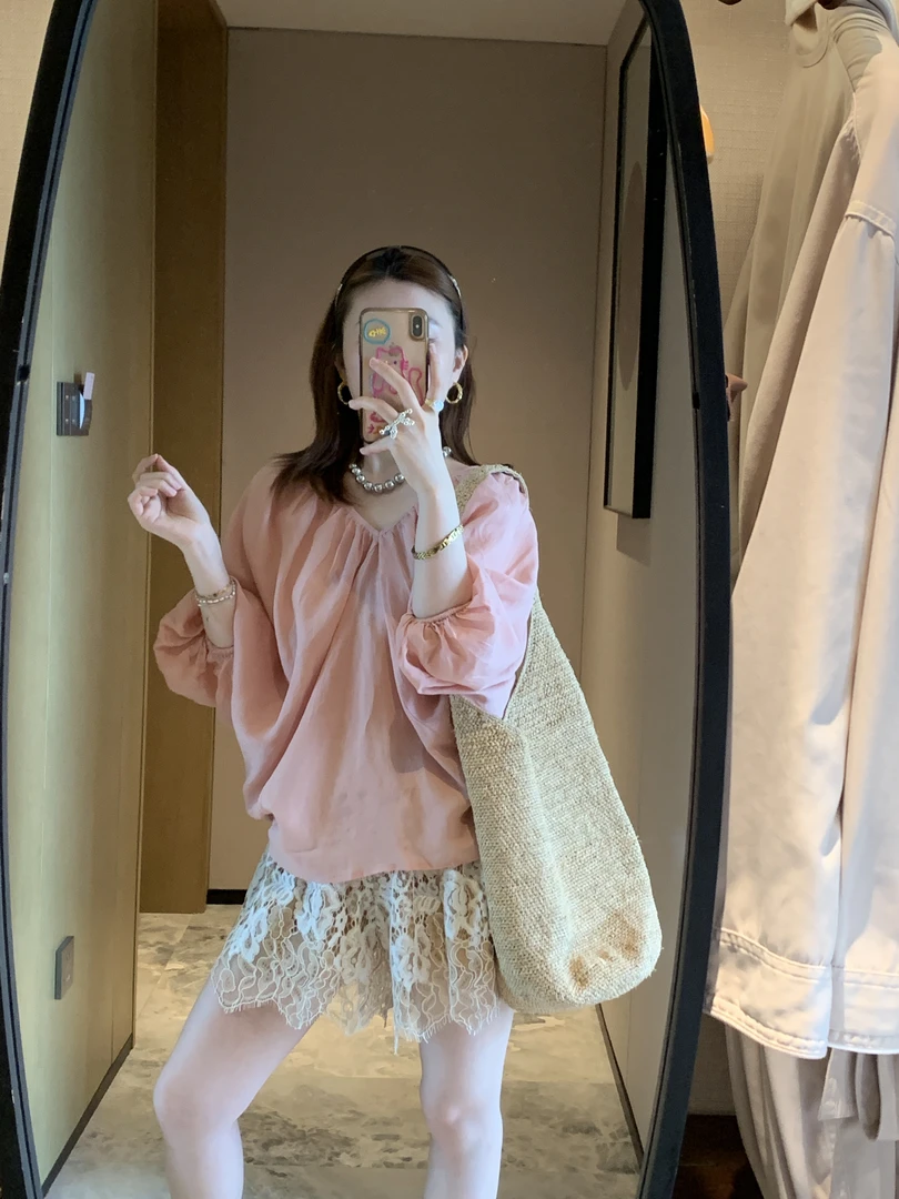 韩系新款纯色气质V领休闲百搭短袖宽松上衣