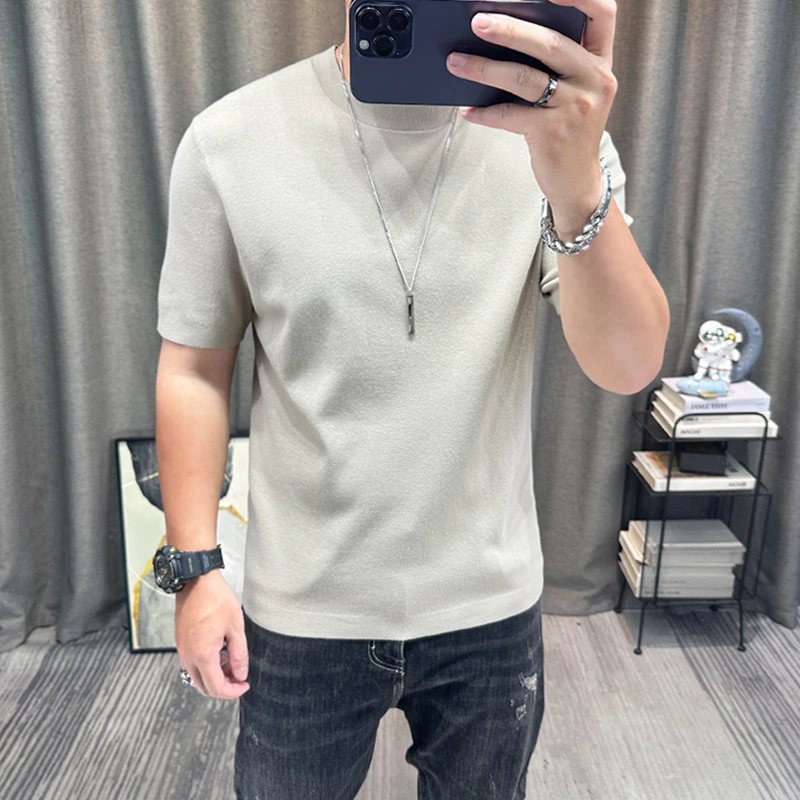 2025短袖针织衫净版秋冬16针高粘圆领纯色半袖毛衣弹力紧身打底衫