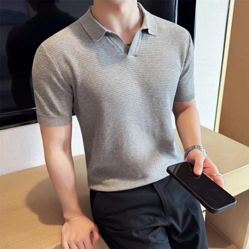 CATIA SELI轻奢亚麻短袖POLO衫男士夏季薄款商务休闲海鸥领半袖衫