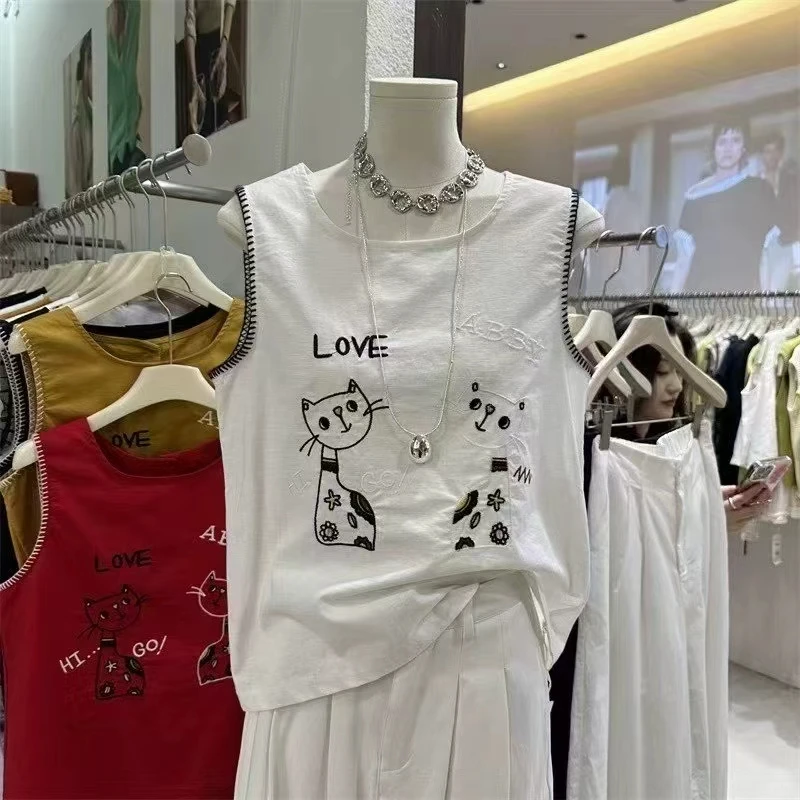 D610夏季韩版百搭减龄设计感卡通刺绣圆领背心无袖上衣