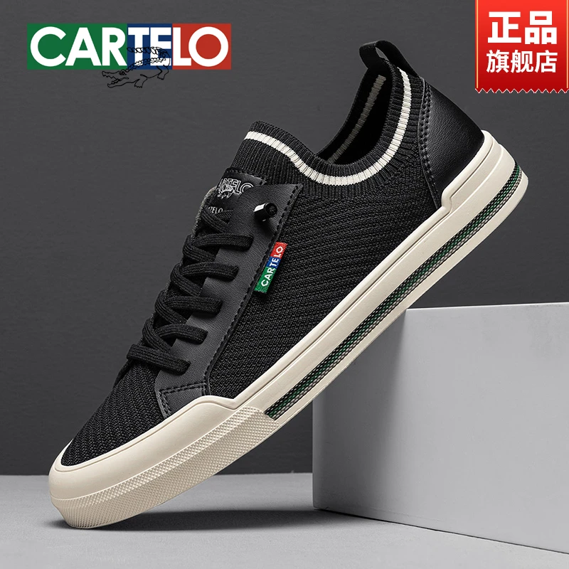 CARTELO/卡帝乐鳄鱼黑色飞织板鞋秋季薄款网面透气休闲鞋一脚蹬鞋