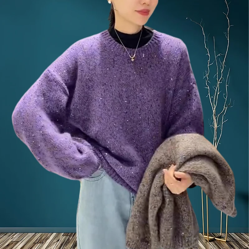 网红爆款慵懒风宽松百搭针织衫亮片遮屁股2025秋冬洋气毛衣上衣女