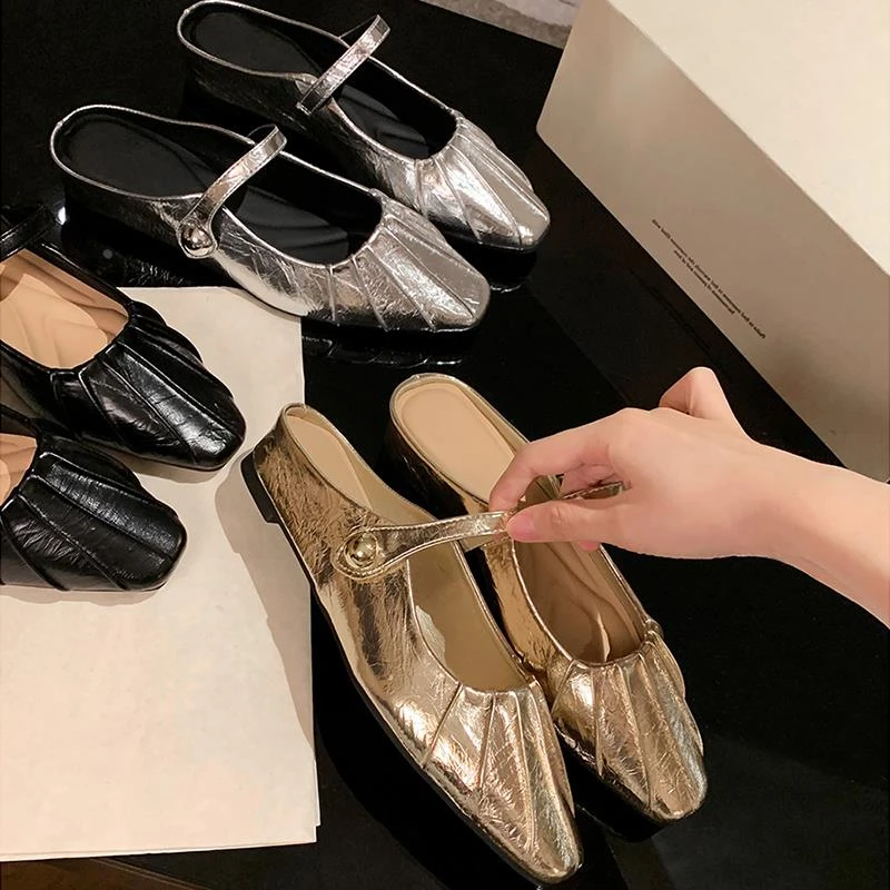 【澳门&专柜】羊皮版~法式皱褶包头半拖鞋女夏外穿新款内增高一字带