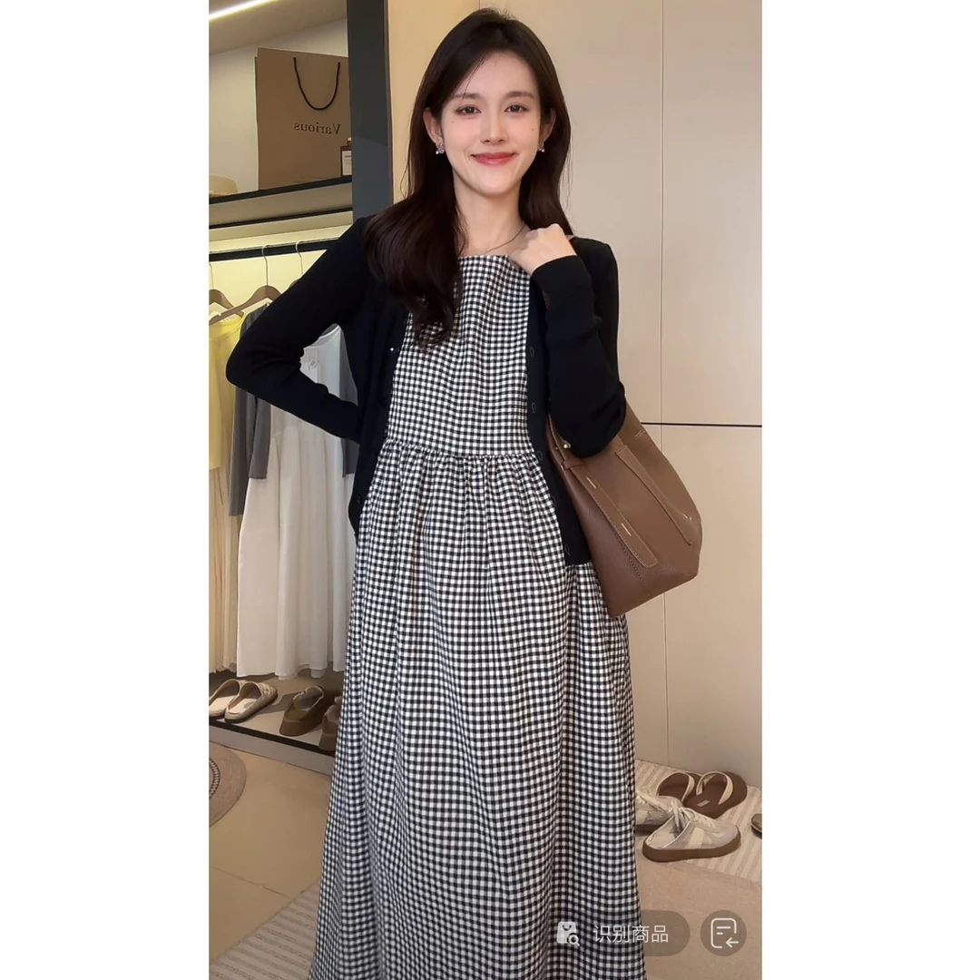 YNVO时尚~2025新款格纹复古高腰显瘦遮肉背心连衣裙+防晒开衫套装