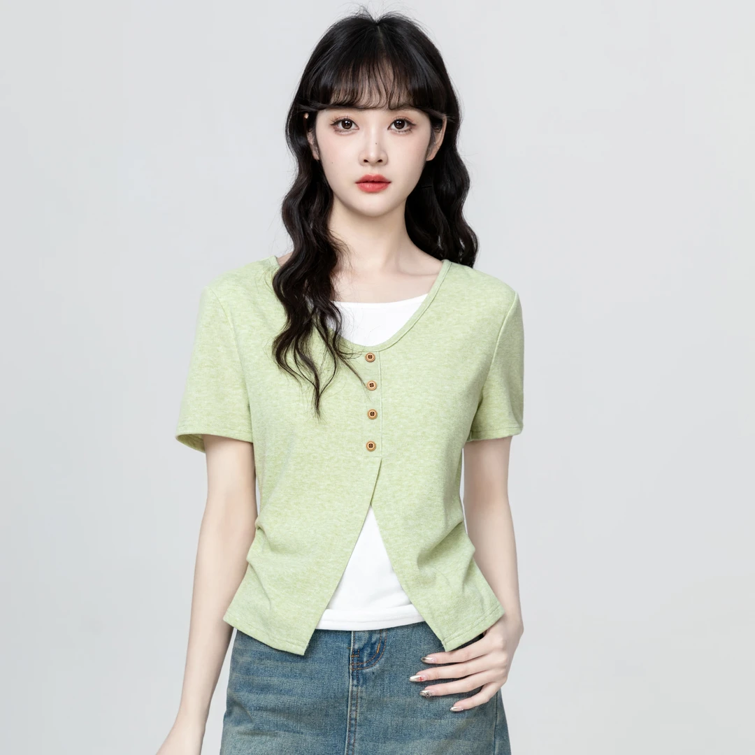 绿色假两件拼接短袖T恤女2025夏季新款不规则收腰显瘦体恤短上衣