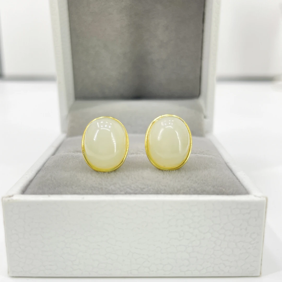 100%和田玉耳钉白玉耳钉S925银时尚百搭风简约蛋面精致气质玉耳饰