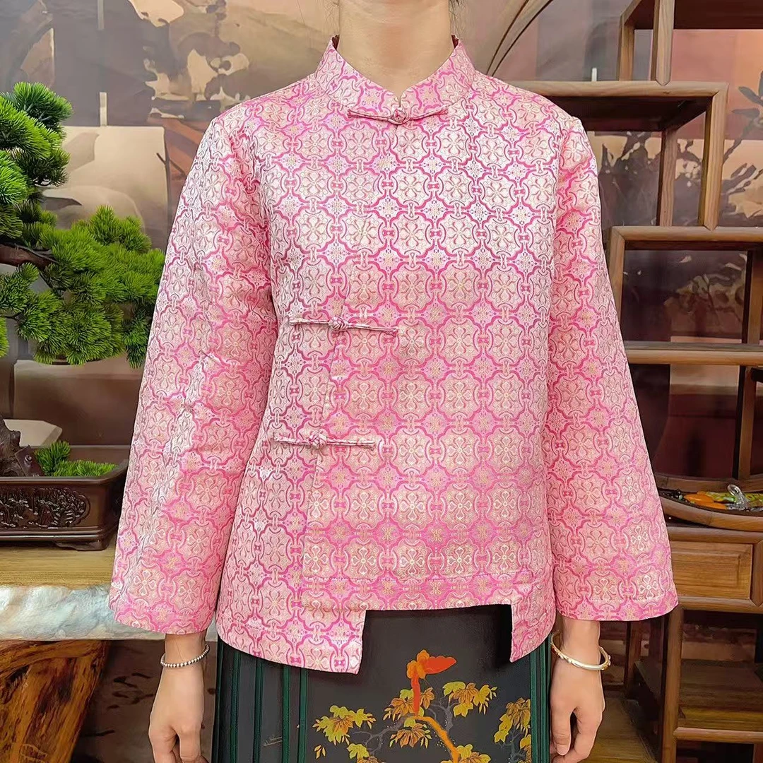 60姆米粉色织金宋锦宝相花富婆衫100桑蚕丝香云纱