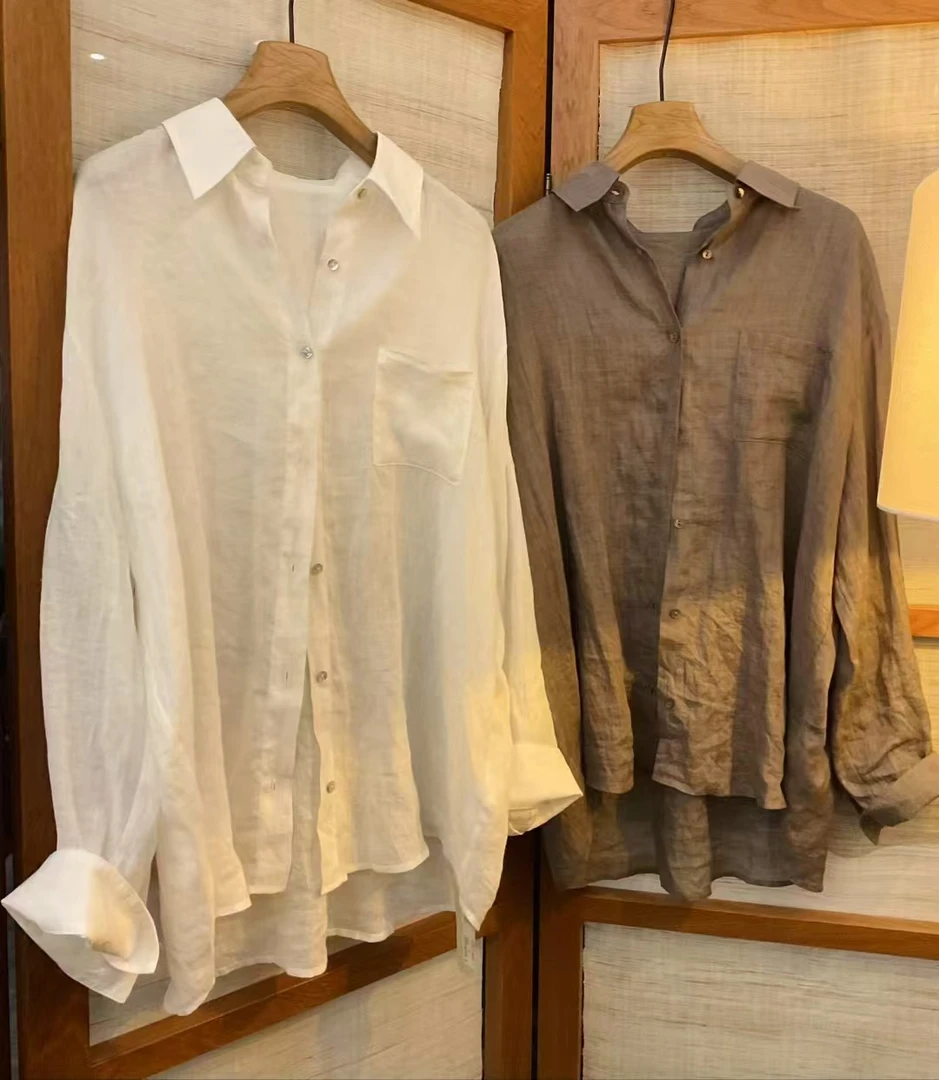 棉叙白色布衣分享高品提花苎麻夏季气质休闲韩版衬衣衬衫长袖上衣