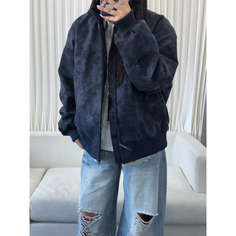 藏青色美式短款皮衣外套男款春季cleanfit飞行夹克立领正肩棒球服