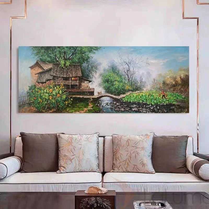 《田园村居》80*210含内框，刘春建手绘油画装饰画，客厅背景墙挂画