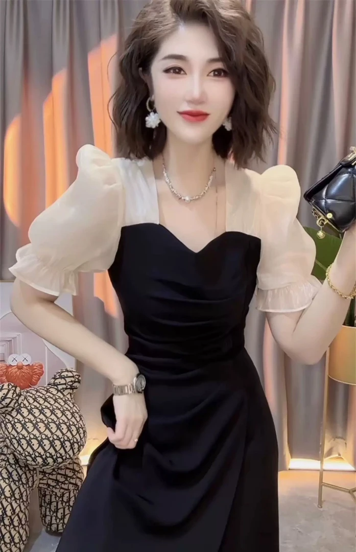 2025夏季新款开叉中长裙子气质修身显瘦拼接珠光纱泡泡袖连衣裙女