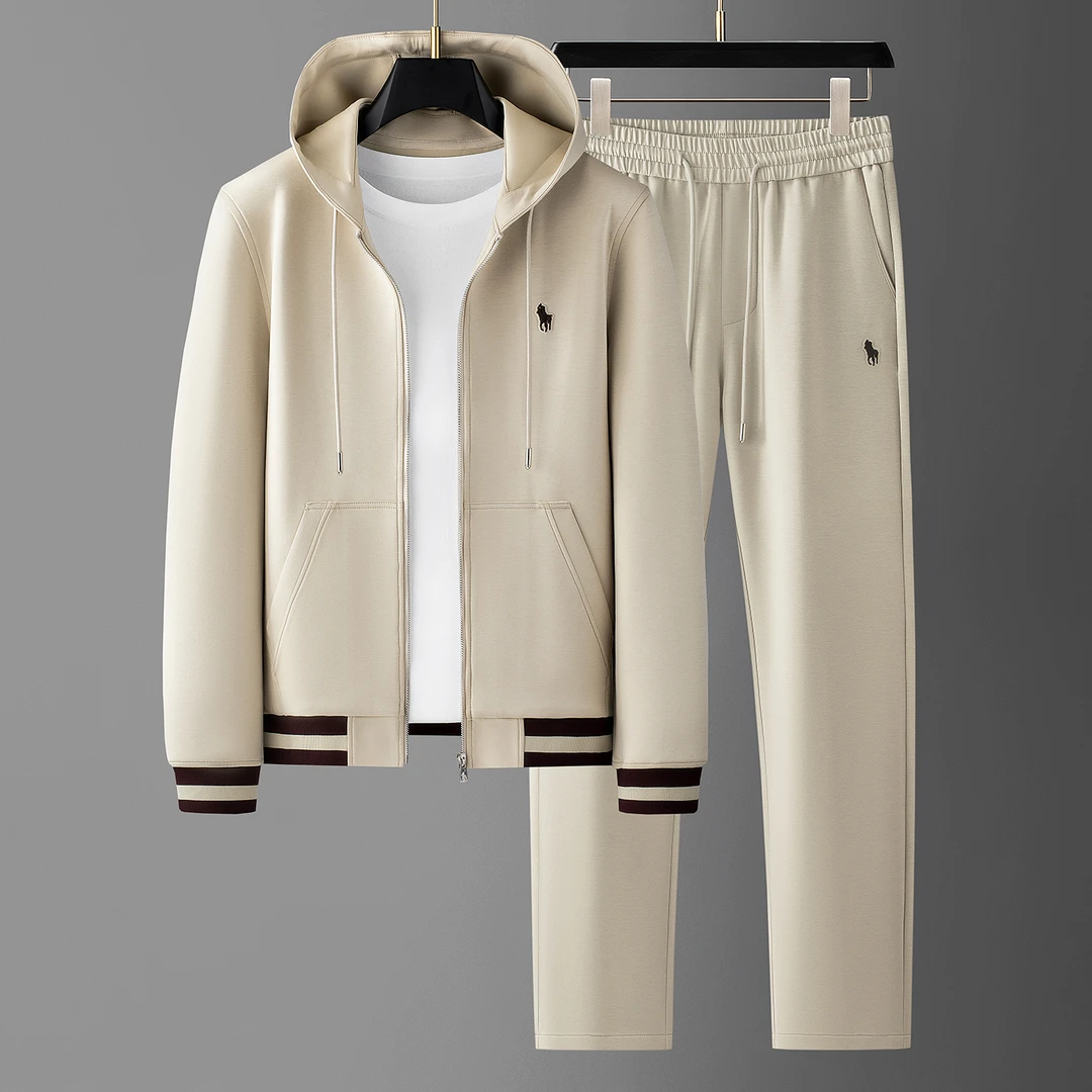 高端时尚秋季简约老钱风莫代尔两件套男士连帽开衫弹力运动套装男