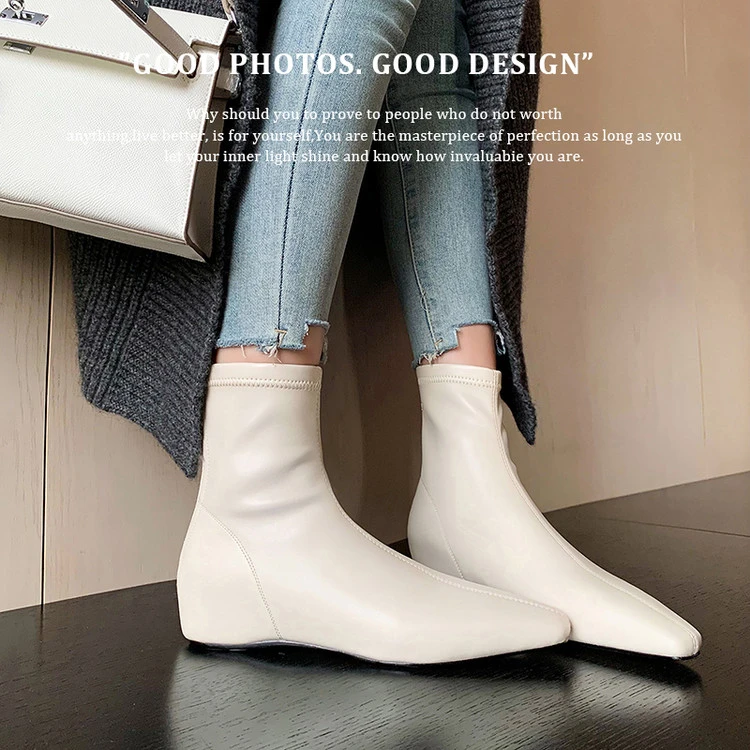 脚感舒适的白色百搭拼接秋冬小个子方头内增高尖头靴瘦瘦靴短靴