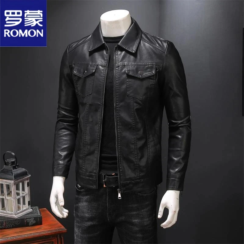 罗蒙男士皮衣新款春秋冬季修身潮流加绒加厚机车外套皮夹克上衣男