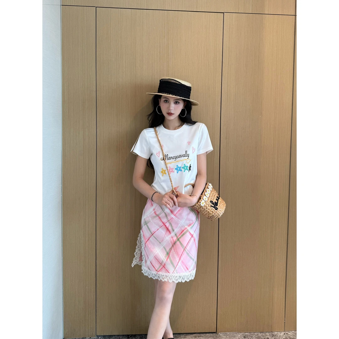 NancyCavally专柜款轻薄莱赛尔/真丝 精致蕾丝花边侧开叉直筒半裙