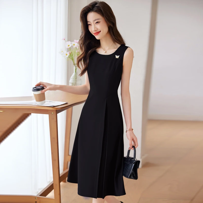 连衣裙女中长款夏季新款气质显瘦简约百搭无袖背心裙内搭打底黑裙