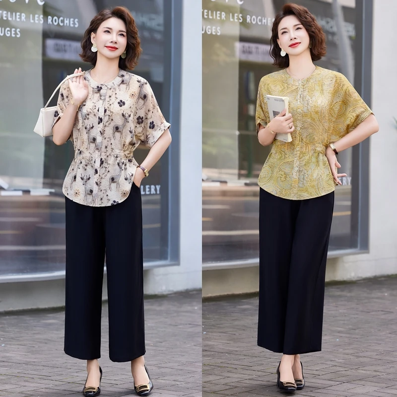 妈妈夏装短袖t恤套装洋气上衣服中老年女装夏季新中式小衫两件套