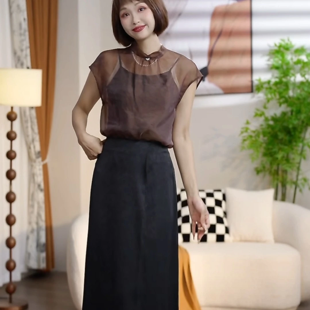 T074夏季新款吊带加无袖罩衫加龟裂纹半裙三件套套裙DM7
