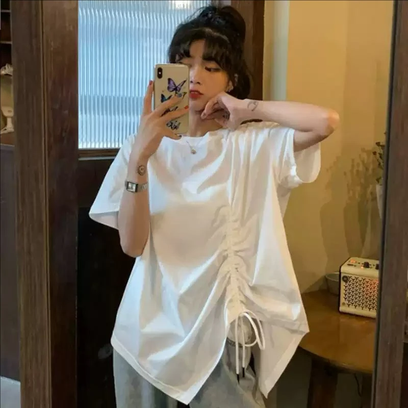 胖mm大码女装夏季2025年短袖t恤女抽绳不规则设计感宽松上衣潮ins