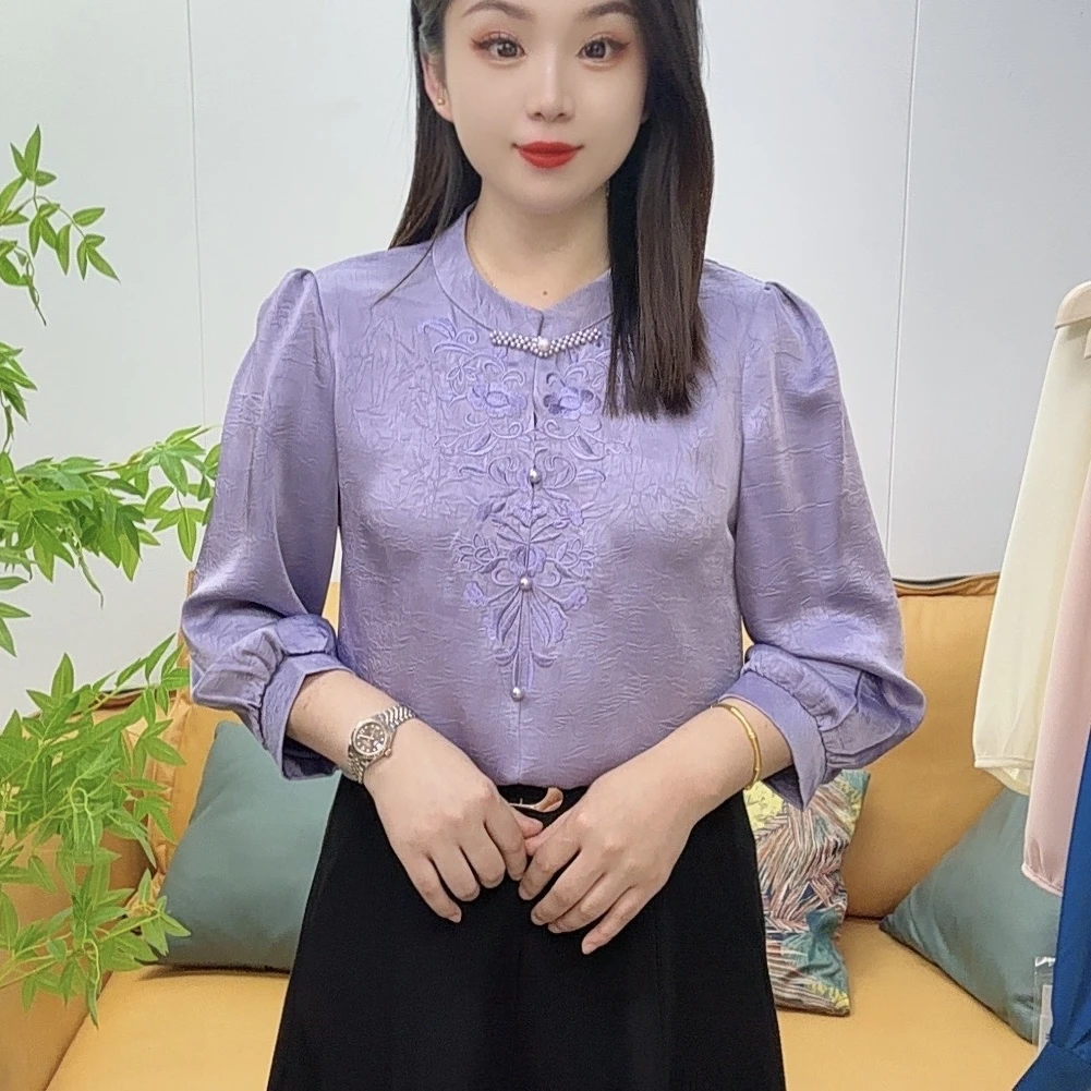 2025七分袖春夏上衣遮肉显瘦爆款长袖衬衫洋气纯色百搭衬衣休闲