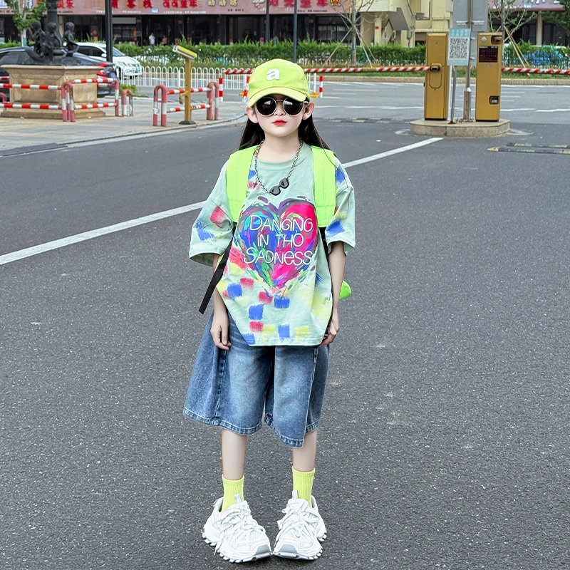 女童2025新款套装韩版个性洋气小清新风宽松休闲T牛仔短裤套装潮