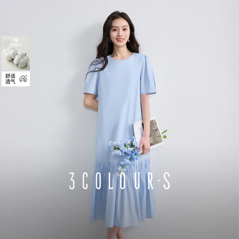 【100棉】三彩2025夏季新款新疆长绒棉连衣裙短袖宽松A字长裙女S