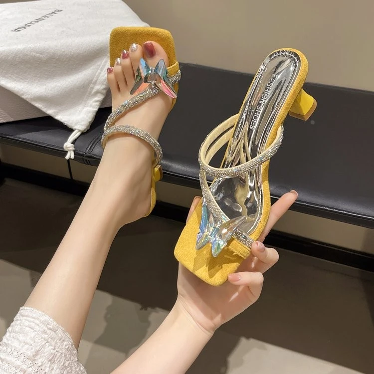 凉鞋女2025夏季新款仙女蝴蝶结气质法式小高跟鞋水钻凉拖鞋女外穿