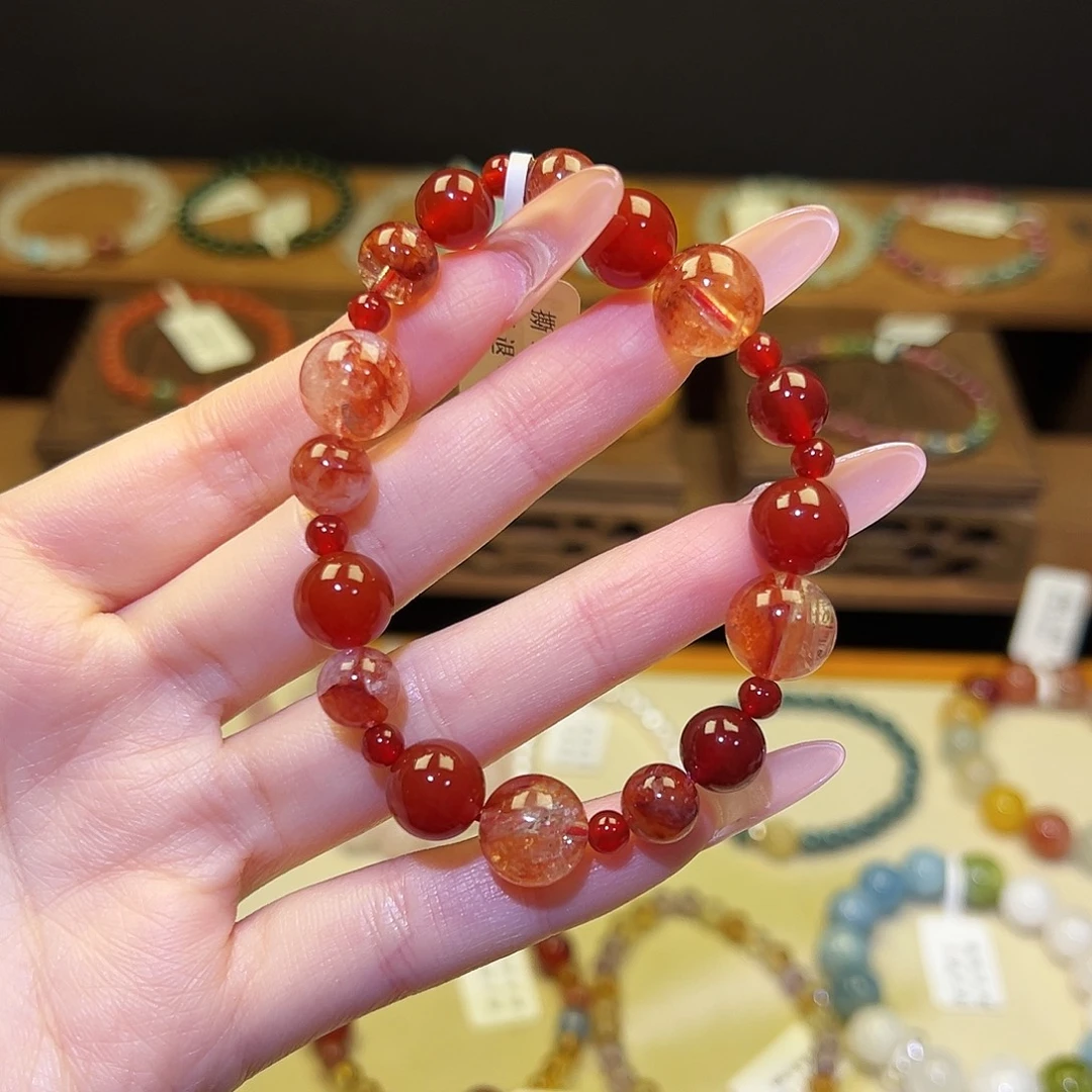 水晶银S925镀金镶嵌手串红1465