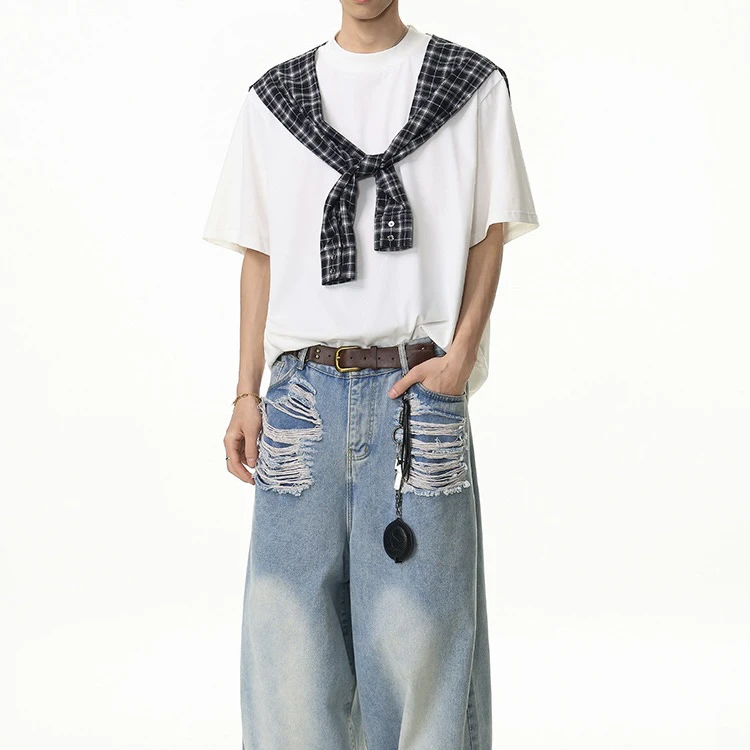 短袖针织潮流夏季上衣百搭美式复古宽松格子T恤小众HT10301