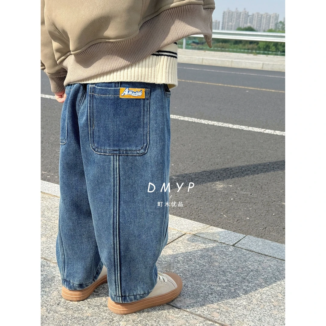 【町木优品】儿童冬季男童竖拼接裤腿百搭纯色加绒牛仔裤 K6191