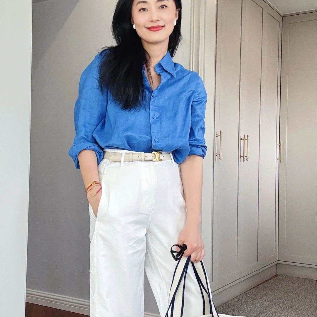 【安雅精选】夏日白色阔腿白裤简约夏季蓝色0/2/4宽松百搭时尚气质