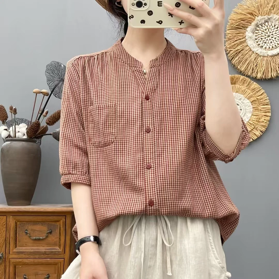 夏季休闲五分袖文艺复古上衣显瘦街头风衬衫中袖千鸟格衬衫6533