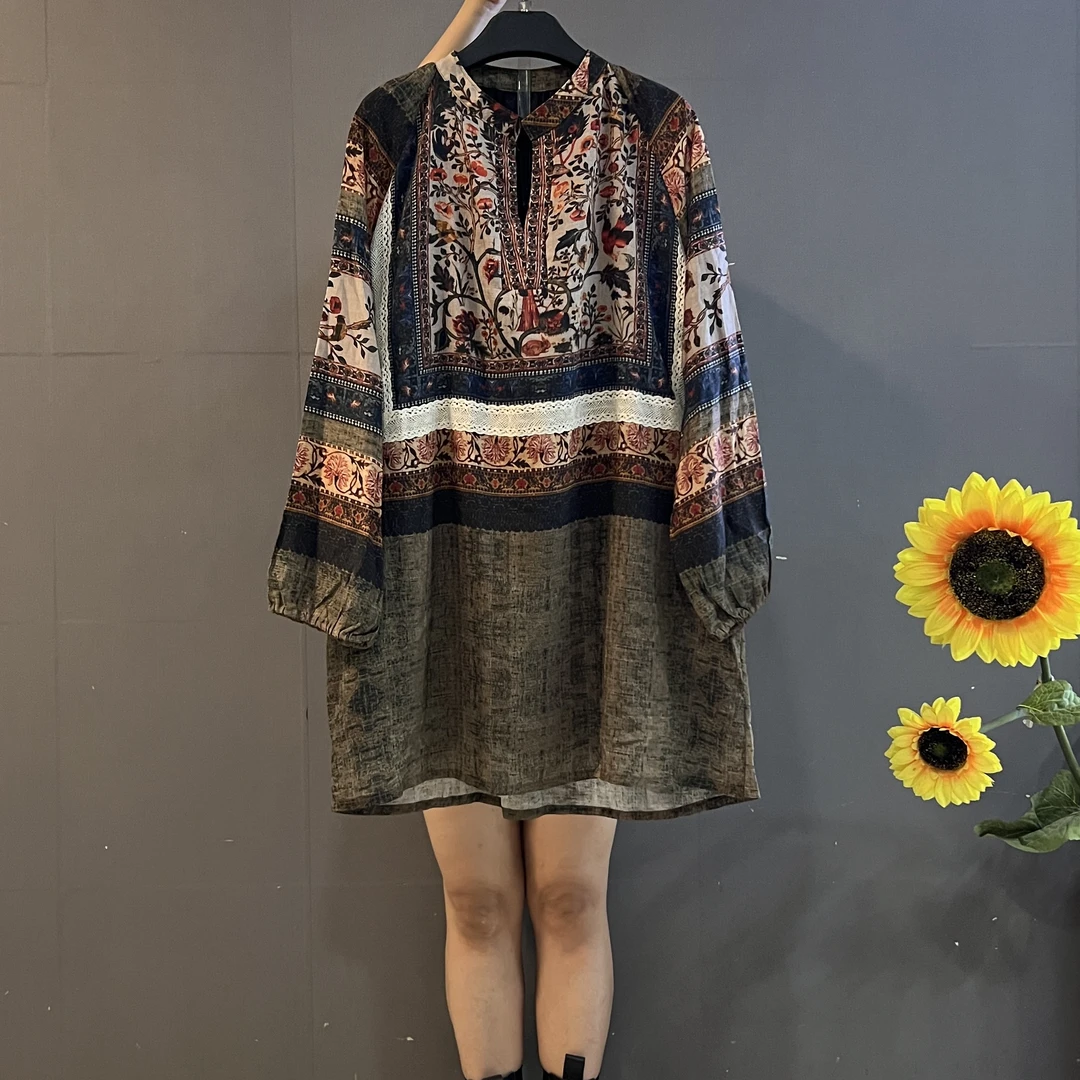 波西米亚风格休闲宽松印花长袖法式慵懒高级感连衣裙