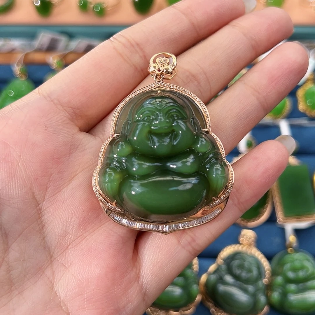 和田玉（碧玉）18K金镶嵌吊坠(不含链)