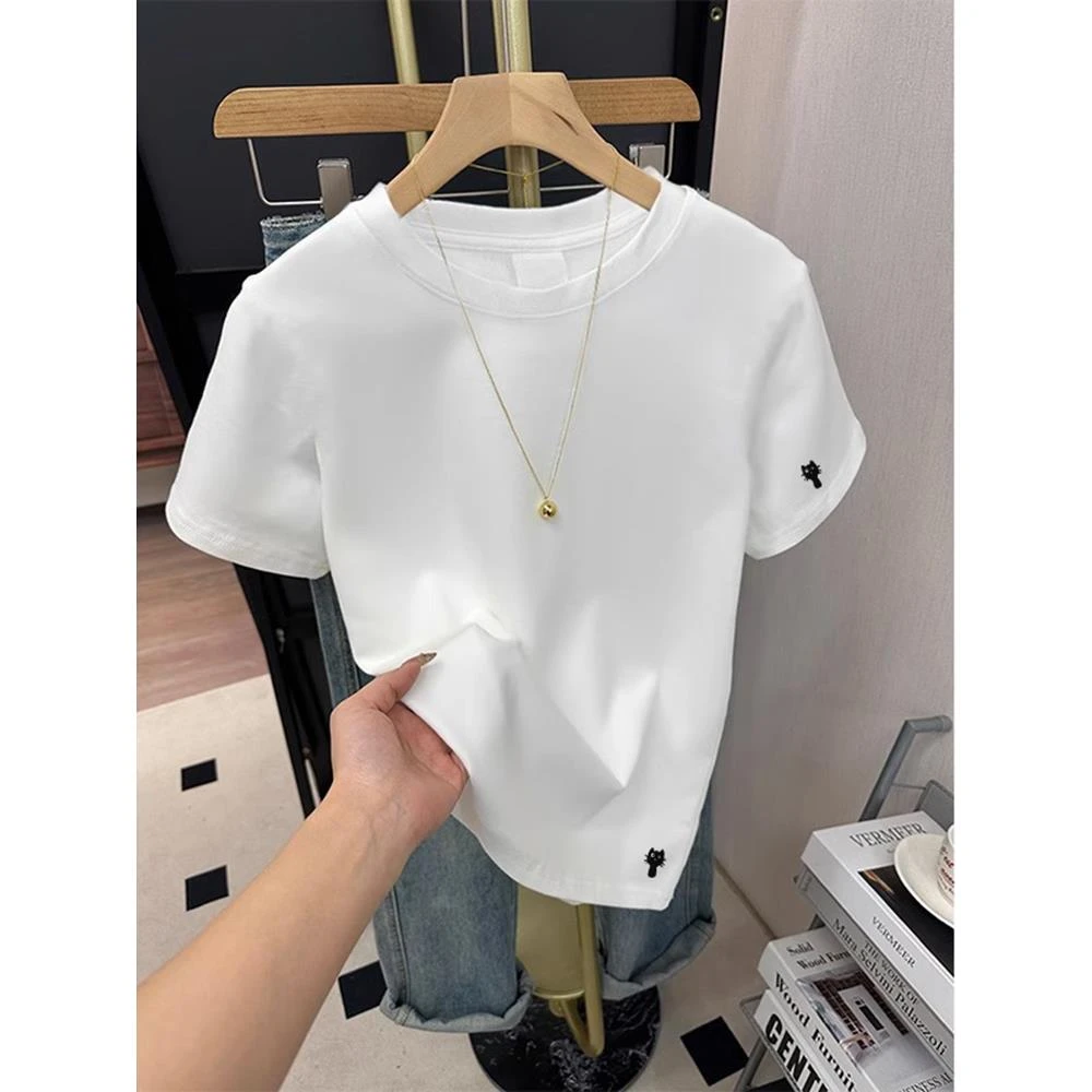 白色短袖t恤女2025夏季新款设计感宽松百搭休闲印花简约小众上衣