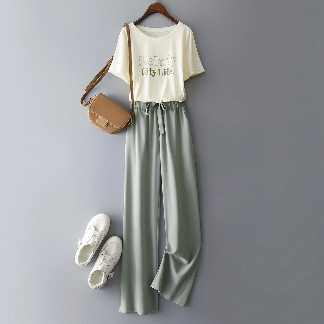 IHIMI/海谧2025夏季新款百搭简约字母T恤纯色裤子两件套装女5093