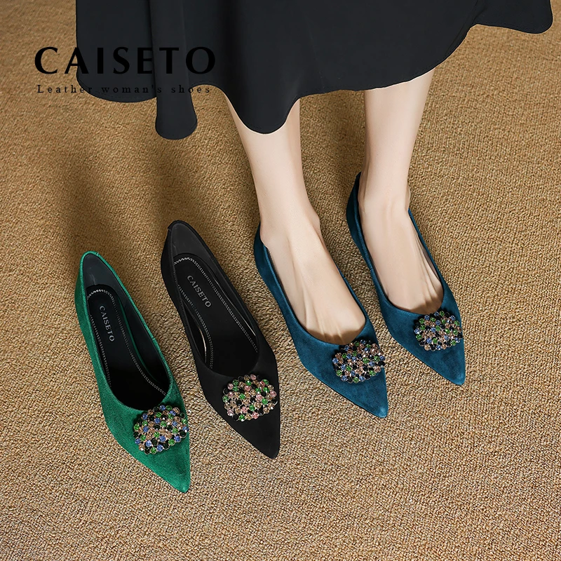 头层羊皮/3cm 2025春秋新款浅口法式水钻气质尖头软底女鞋D086