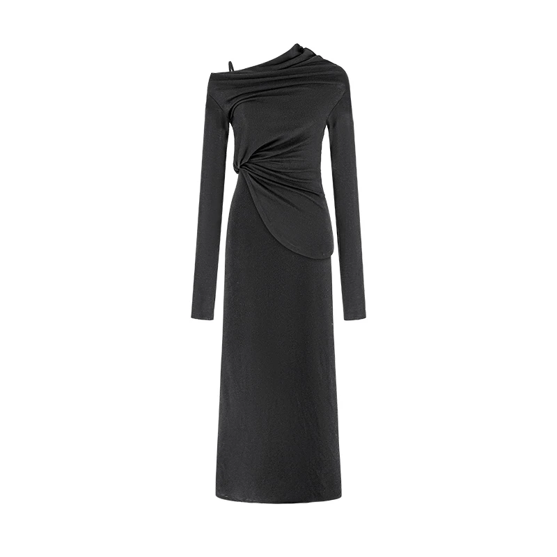 MAGGIE MA马婧设计师款暗夜黑吊带裙压褶修身通勤连衣裙695D