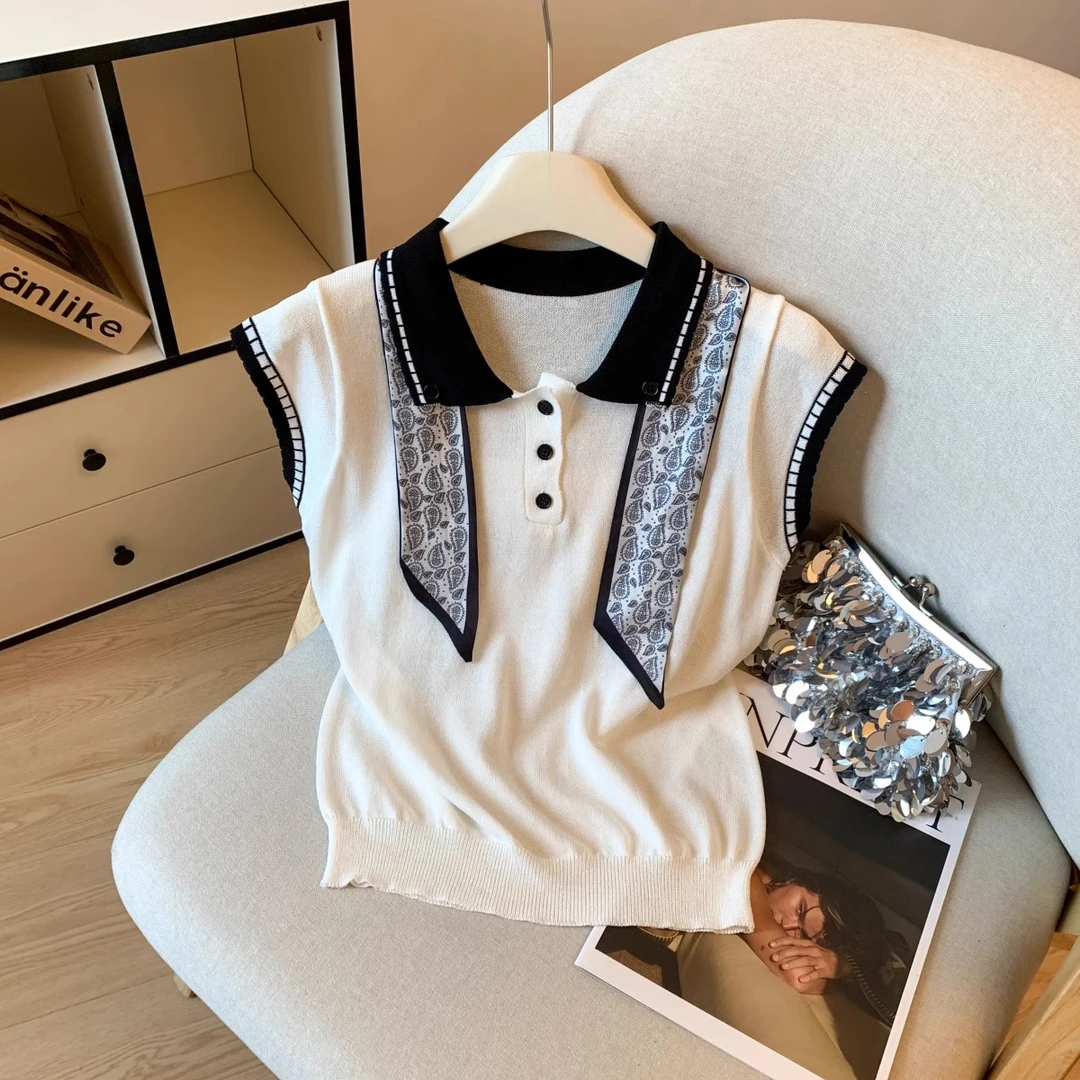 韩系polo领丝巾飘带无袖针织衫背心女夏季高级感减龄飞飞袖上衣潮