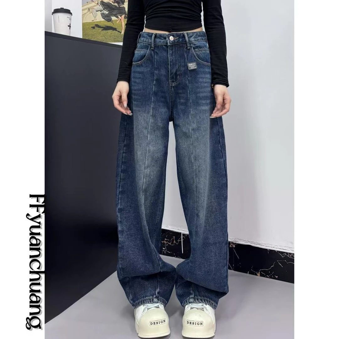 EZ8689-2秋冬加绒新款2025百搭设计显瘦显腿长炸街美式牛仔弯刀裤