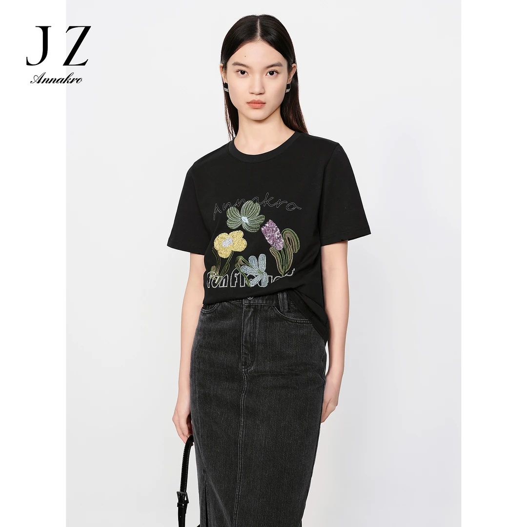 【丽公主专属】【草目系列】玖姿安娜蔻KWFX83236珠片刺绣休闲T恤女