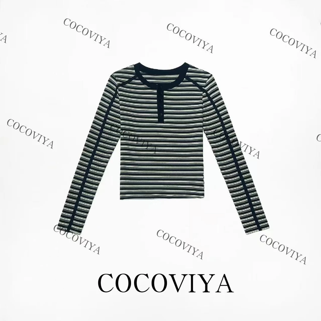 【CC】COCOVIYA幽蓝条纹轻熟风长袖T恤遮肉显瘦休闲时尚上衣26C-873