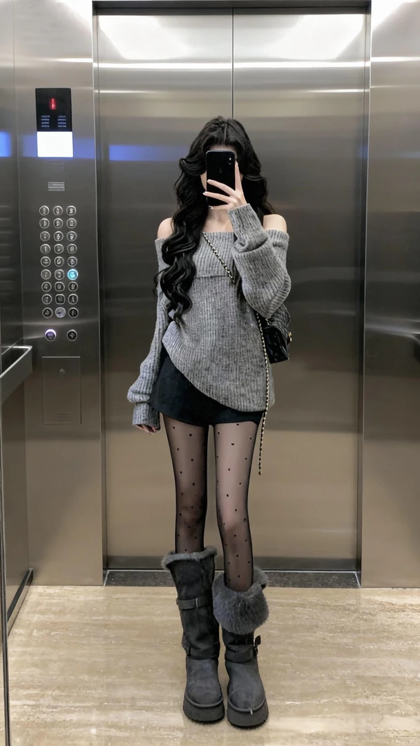 【性感女神】秋冬ins高级感显瘦灰色针织上衣减龄显瘦黑色短裤套装