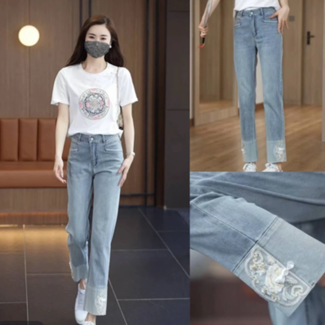 26163#【裤长90】新中式国风夏季薄款高腰显瘦九分直筒牛仔裤女