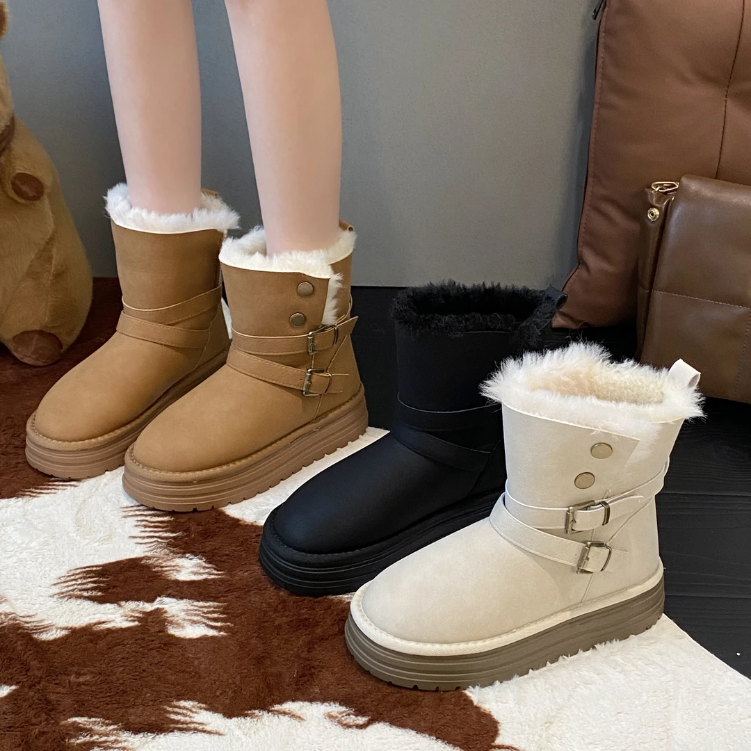贾不假雪地靴女款2025新款秋冬季加绒皮带扣棉鞋厚底皮毛一体短靴